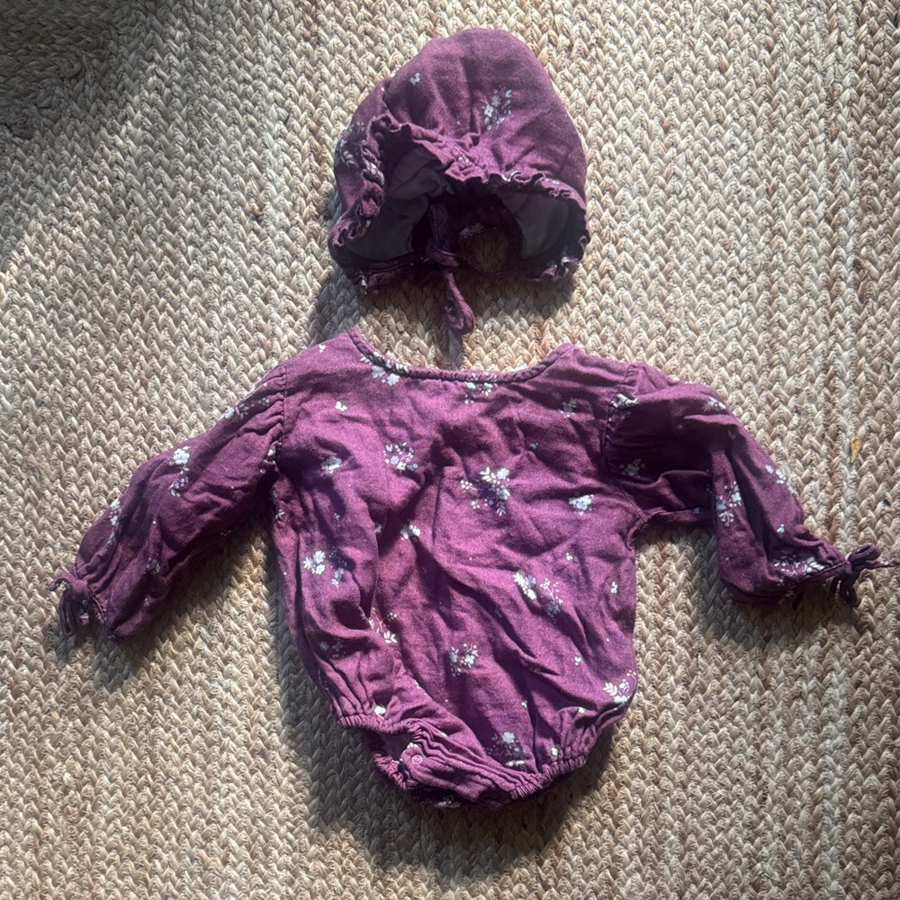 Bebe Organic Plum Floral Bodysuit with Bonnet